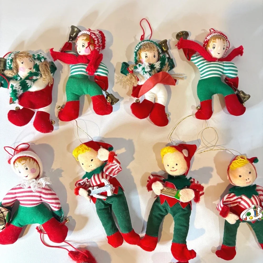 Vintage Christmas Elf Pixie Ornaments Lot of 10 Felt Mid Century Red Green Gold